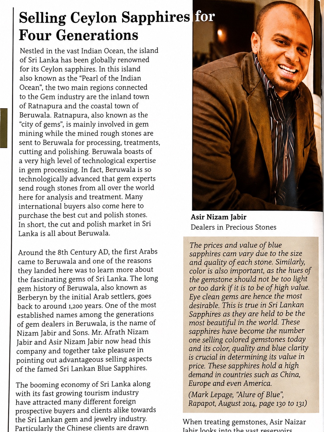 Published feature on Asir Nizam Jabir and the family gemstone legacy