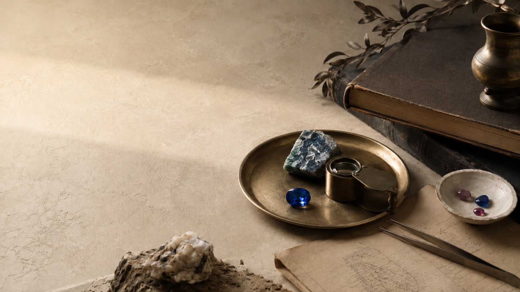 Historic gemstone study with natural sapphires, gemological tools and archival books