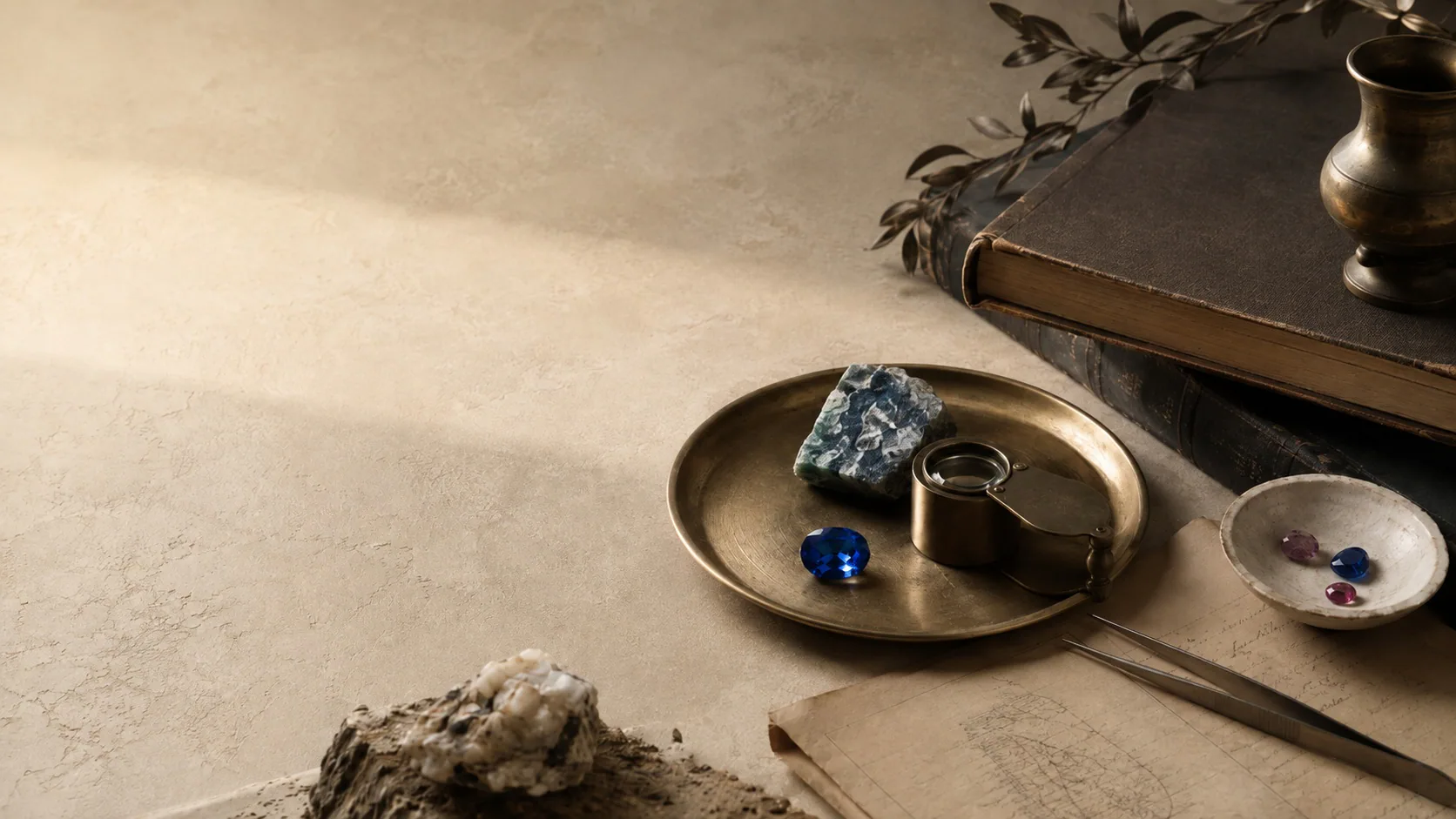 Historic gemstone study with natural sapphires, gemological tools and archival books