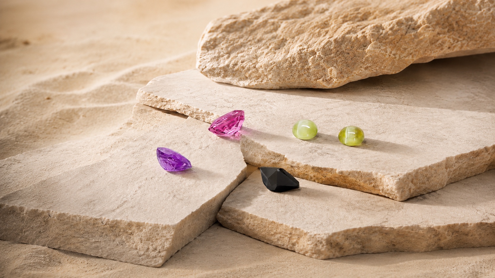 Natural pink, purple, green and black gemstones arranged on sculpted stone