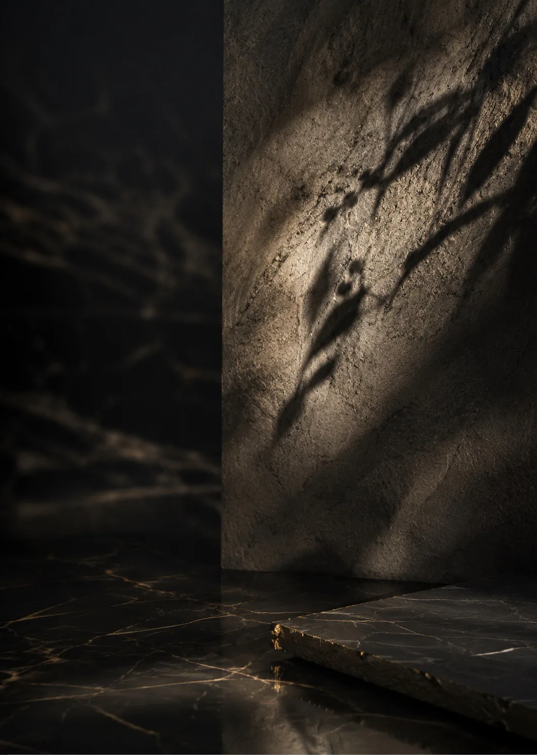Sculpted dark stone and marble illuminated by tropical leaf shadows