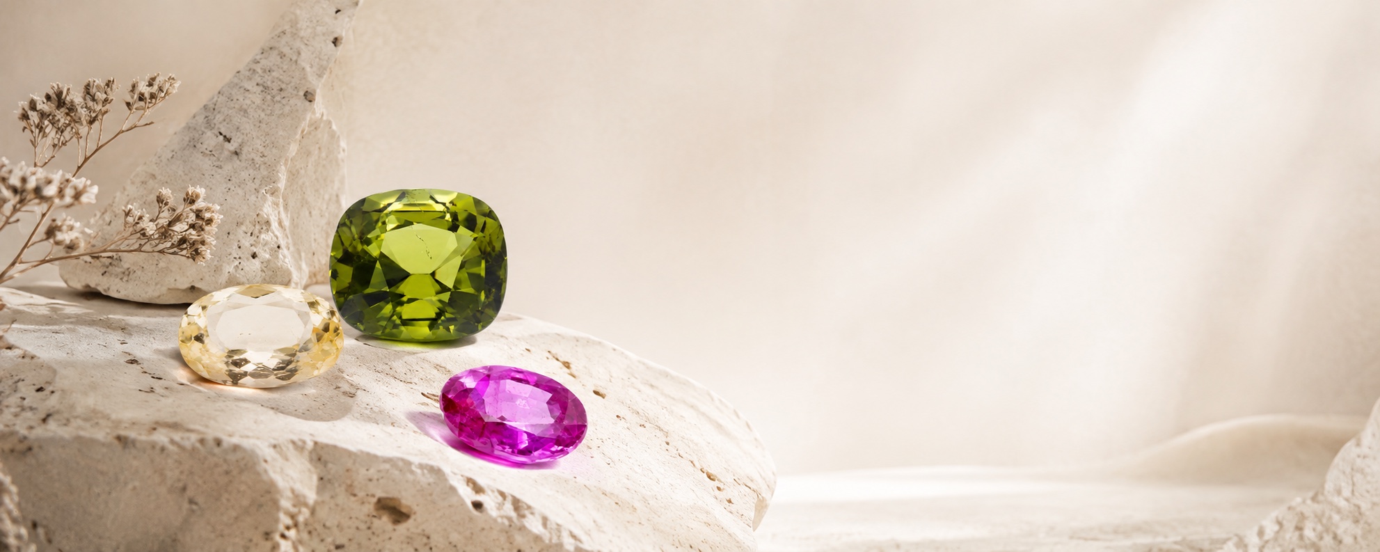Green, yellow and pink gemstones arranged on natural pale stone
