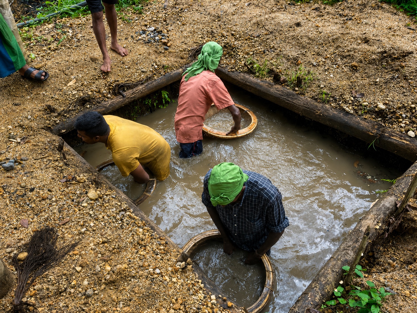Traditional gemstone miners washing gem-bearing gravel in Sri Lanka